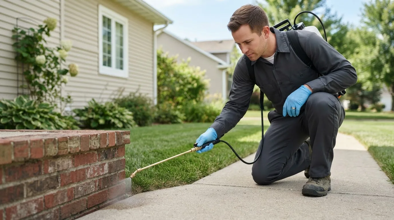 Pest control technician treating a home near East Andover, ME