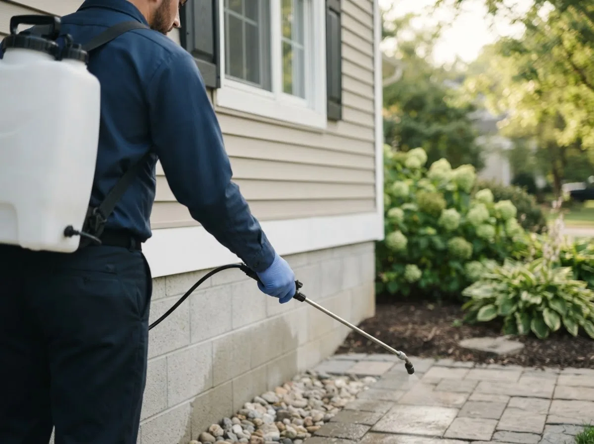 Pest control technician inspecting a home in East Andover, ME
